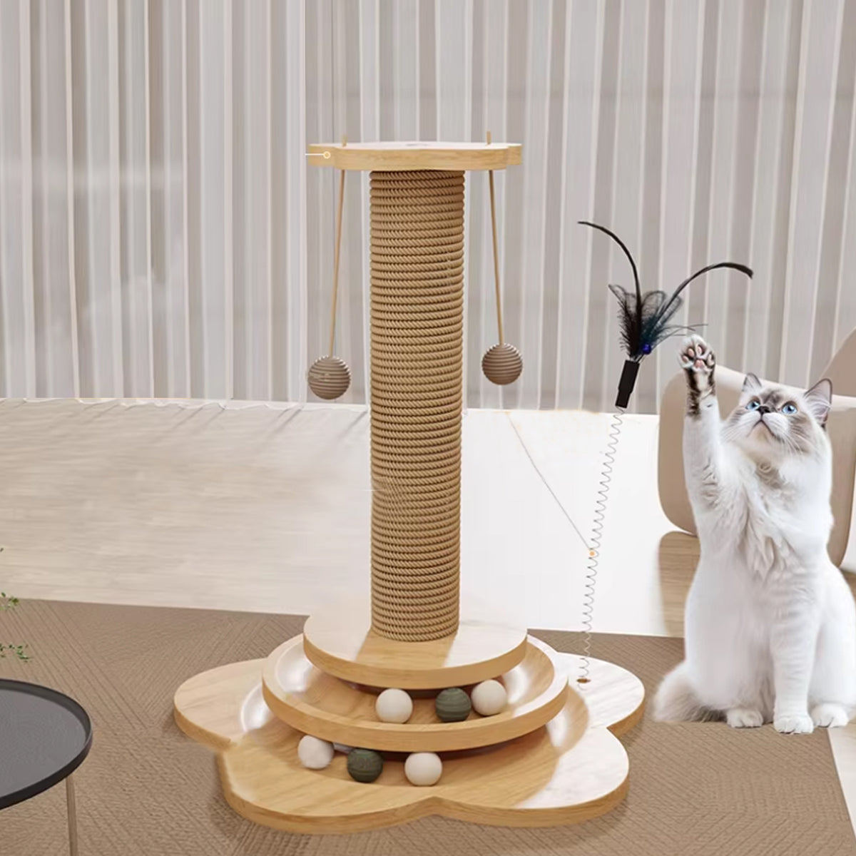 Cat Interactive Posts YESKER 3-in-1 Cat Scratching Post with Track Ball & Interactive Toys ...